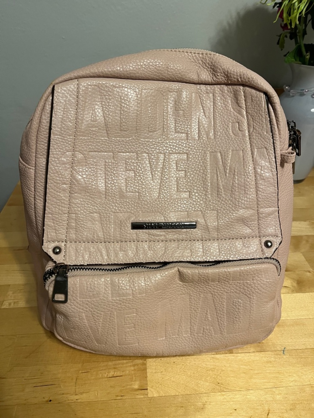 Steve Madden Blush Leather Backpack with Front Zip Pocket